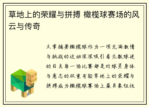 草地上的荣耀与拼搏 橄榄球赛场的风云与传奇